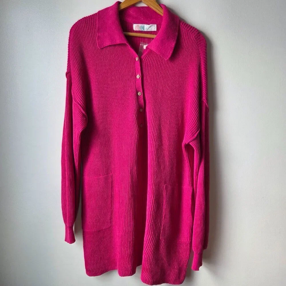 NWT FREE PEOPLE BEACH HOT PINK 1/2 BUTTONED LINEN/COTTON BLEND SWEATER SIZE M